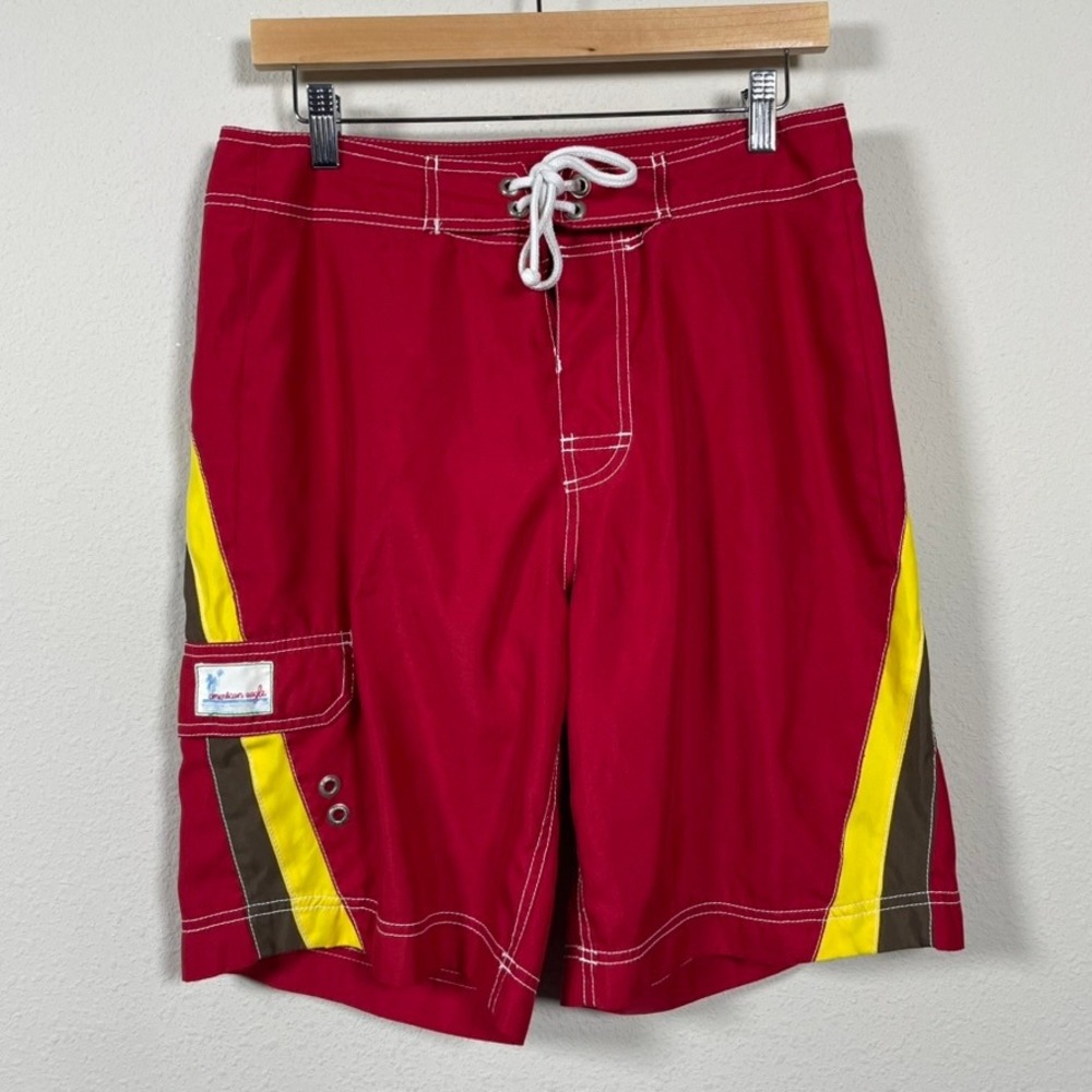American Eagle Board Shorts Mens 32 Red Striped Swim Trunks Y2K Retro Cargo
